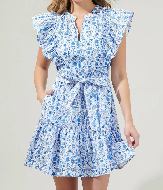 Women's Clothing Sets Charming Silhouette Luray Floral Ruffle Mini Dress In Blues White