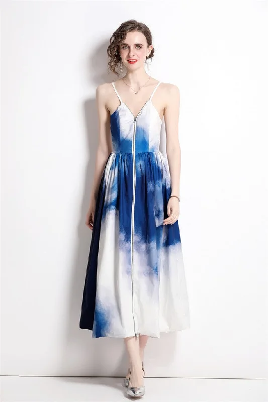 Women's Professional Garments Minimalist Office - Ready Style White & Blue Day A-line Strap Maxi Dress