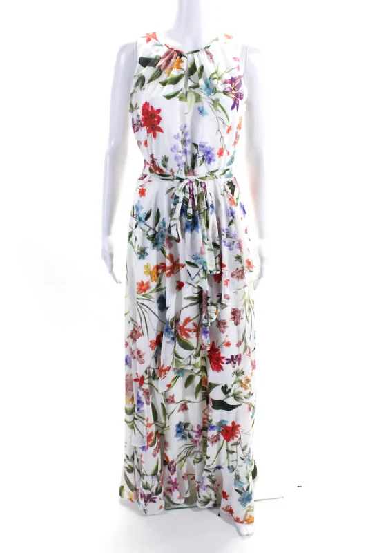 Modern Women's Outfit Vintage Elegance Compli K Womens Round Neck Sleeveless Asymmetric Ruffle Floral Maxi Dress