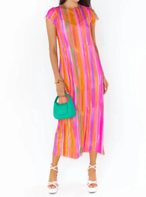 Casual Attire For Women Coastal Beach - Inspired Style Molly Midi Dress In Sunrise Stripe Mesh