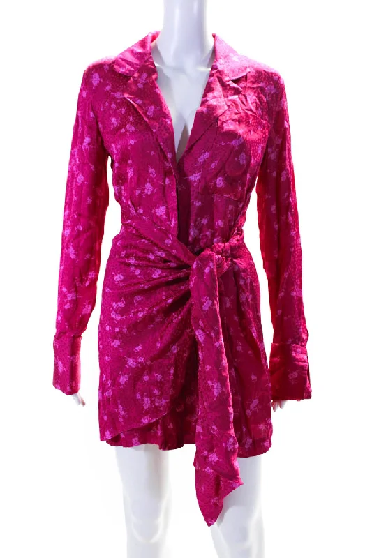 Women's Office Clothing Lightweight Fabric Acler Womens Fuschia Floral Print V-Neck Tie Front Long Sleeve Shift Dress