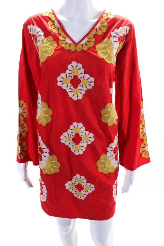 Women's Vacation Outfit Set Last Chance Sale Frances Valentine Womens Cotton Floral Print V-Neck Long Sleeve Dress Red