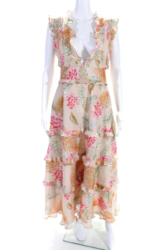 Women's Cozy Outfit For Lounging Feminine Grace Adeam Womens Floral Hibiscus Print Ruffled Trim Tiered A-Line Maxi Dress