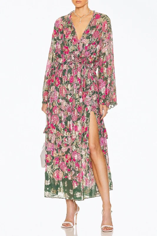 Casual Outfit For Women Mid - Week Surprise Sabi Ruffled Chiffon Kaftan Maxi Dress in Pine Green