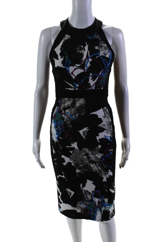 Women's Plus-Size Outfit Holiday Sale Badgley Mischka Womens Floral Print High Neck Lined Pencil Dress Black