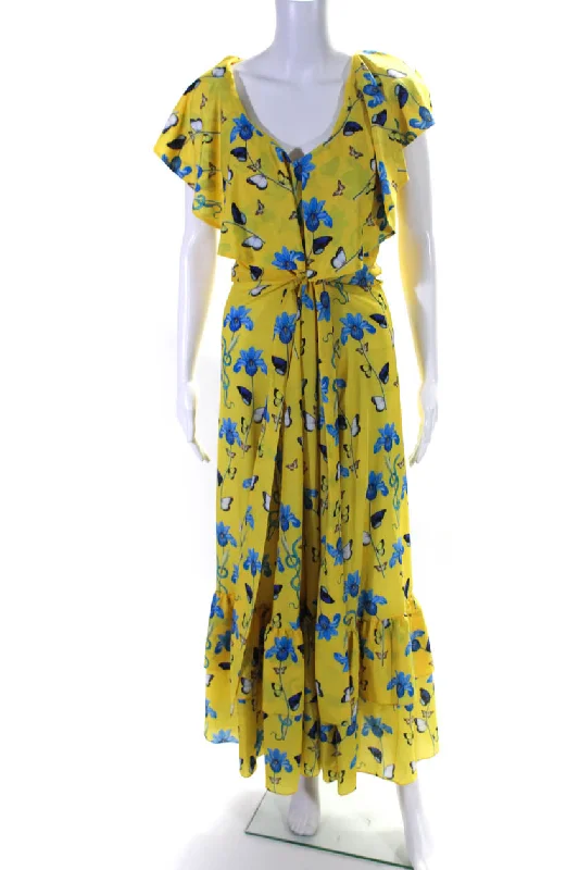 Stylish Outerwear Clothing For Women Fashion-Forward Style Borgo De Nor Womens Floral Print V-Neck Ruffled Belted Maxi Dress Yellow