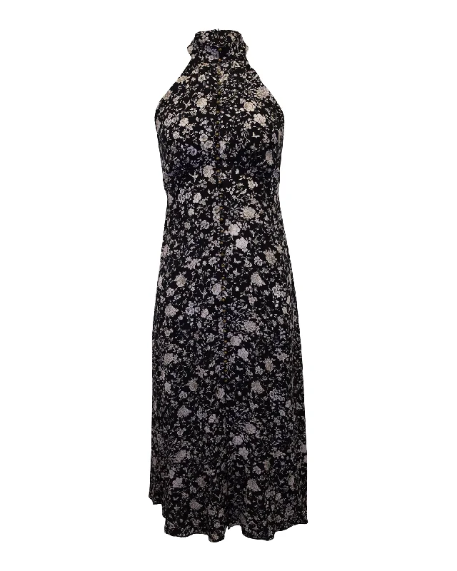 Women's Everyday Garments Art Deco Geometric Pattern Look Zimmermann Floral-Print Halter-Neck Midi Dress in Black Silk