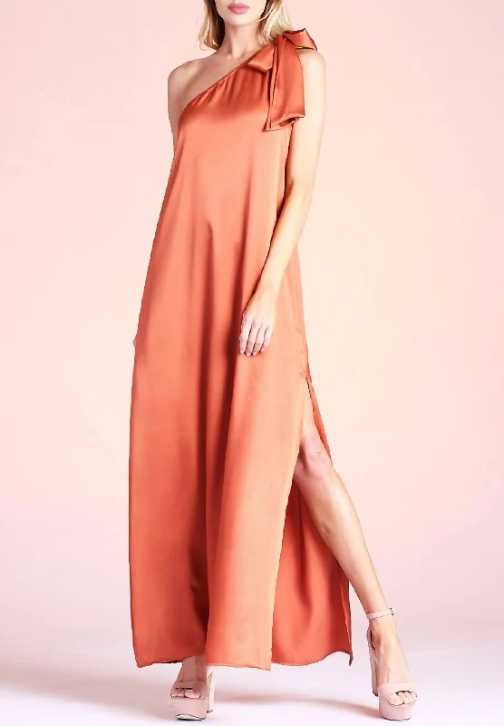 Women's Clothing For Work Dreamy Draping Elbridge One Shoulder Maxi Dress in Rust