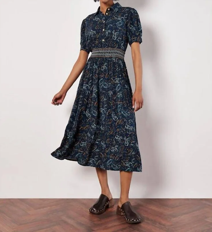 Women's Professional Attire Disco - Inspired Retro Dance Look Paisley Smock Tiered Shirt Midi Dress In Navy