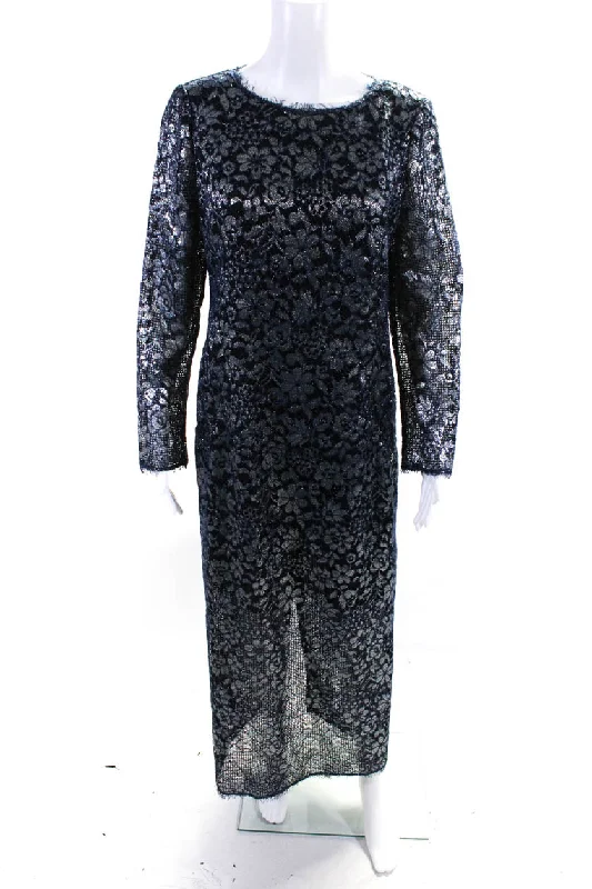 Women's Formal Event Outfit Big Savings on Rustic Countryside Styles Chanel Womens Blue Silver Floral Lace Crew Neck Long Sleeve Gown Dress