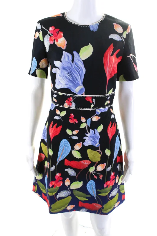 Women's Holiday Outfit Feminine Soft - Hued Styles PETER PILOTTO Womens Short Sleeve Floral Print A line Dress Black