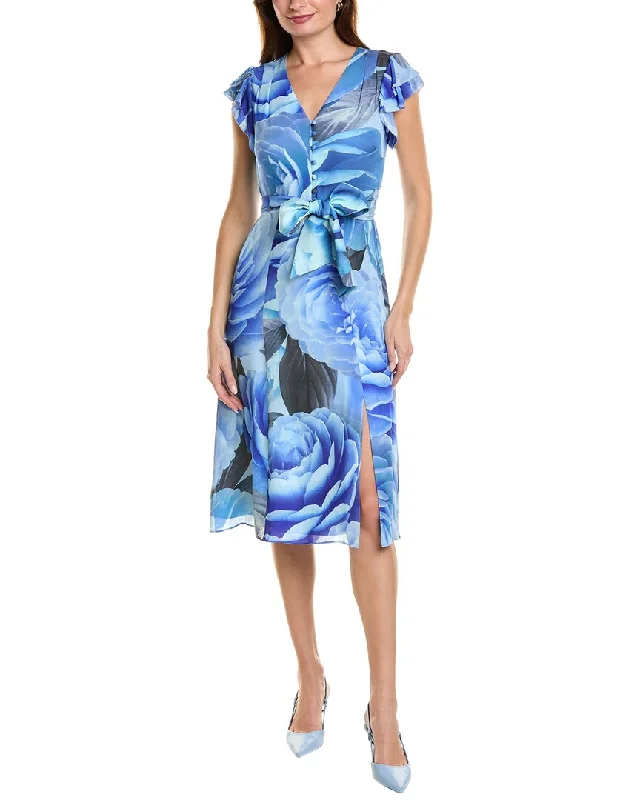 Women's Trendy Casual Outfit Ethnic Cultural Event Wear Elie Tahari Silk Fantasy Garden Midi Dress