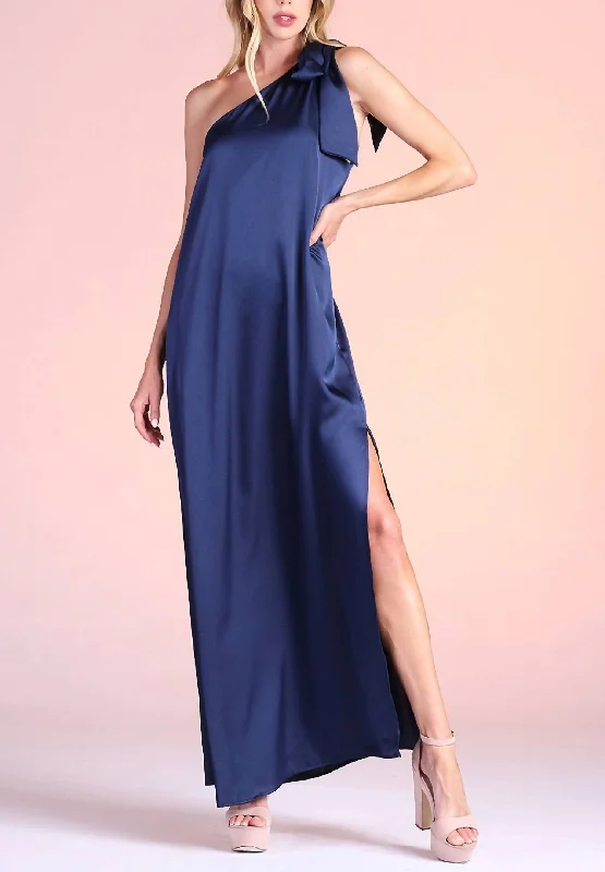 Vintage Clothing For Women Effortless Sophistication Elbridge One Shoulder Maxi Dress in Navy