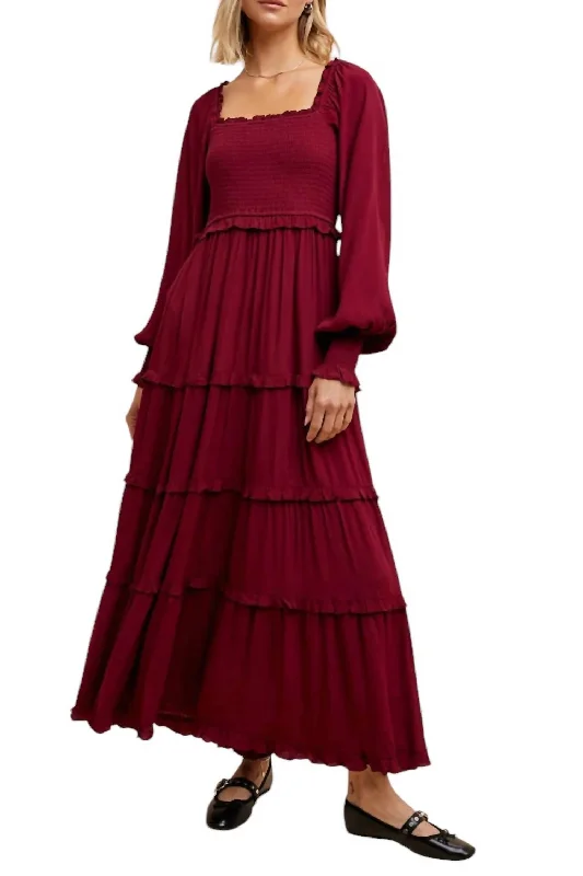 Women's Evening Clothing Boho - Chic Festival - Ready Style Peasant Maxi Dress In Merlot