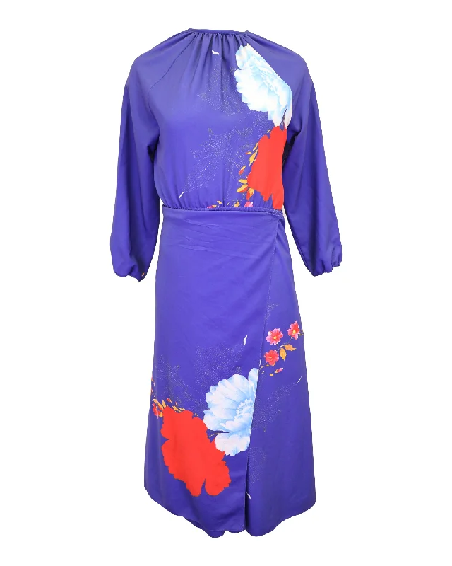 Women's Elegant Garments Alluring Design Vetements Floral-Print Midi Dress in Blue Polyamide