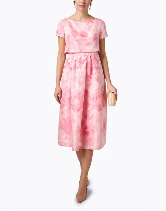 Women's Casual Apparel For Weekends Tropical Island - Inspired Attire Floral Jacquard Popover Top Midi Dress In Coral Pink