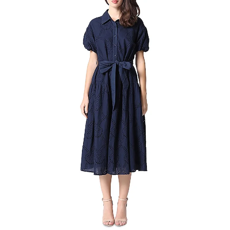 Women's Holiday Clothes Mid - Season Sale Womens Eyelet Button Up Midi Dress