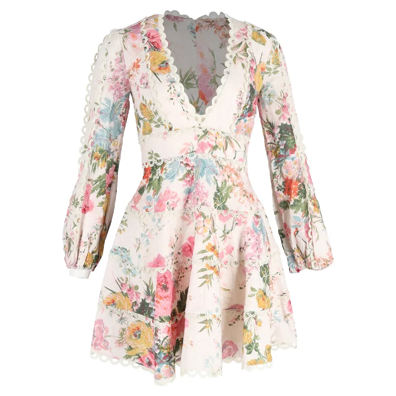 Stylish And Comfortable Clothing For Women Hollywood Glam Award - Show Style Zimmermann Floral Print Mini Flared Dress in Multicolor Linen