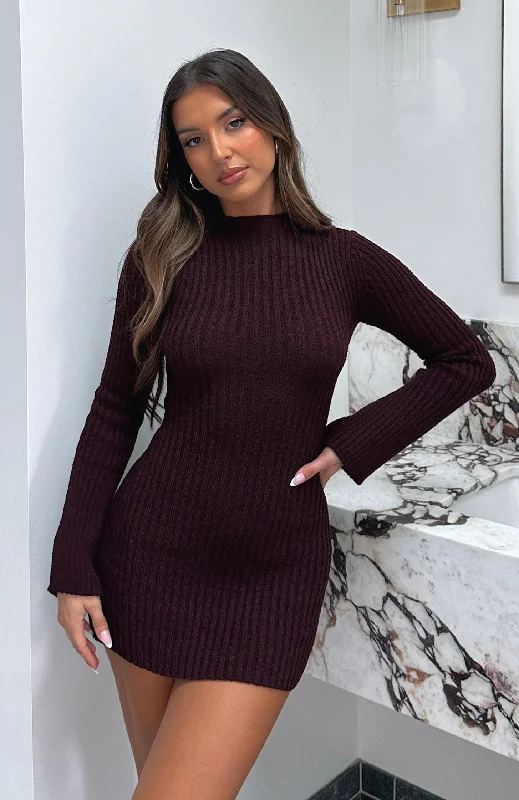 Casual Chic Clothing For Women Feminine Soft - Hued Look Get On Down Long Sleeve Knit Mini Dress Plum