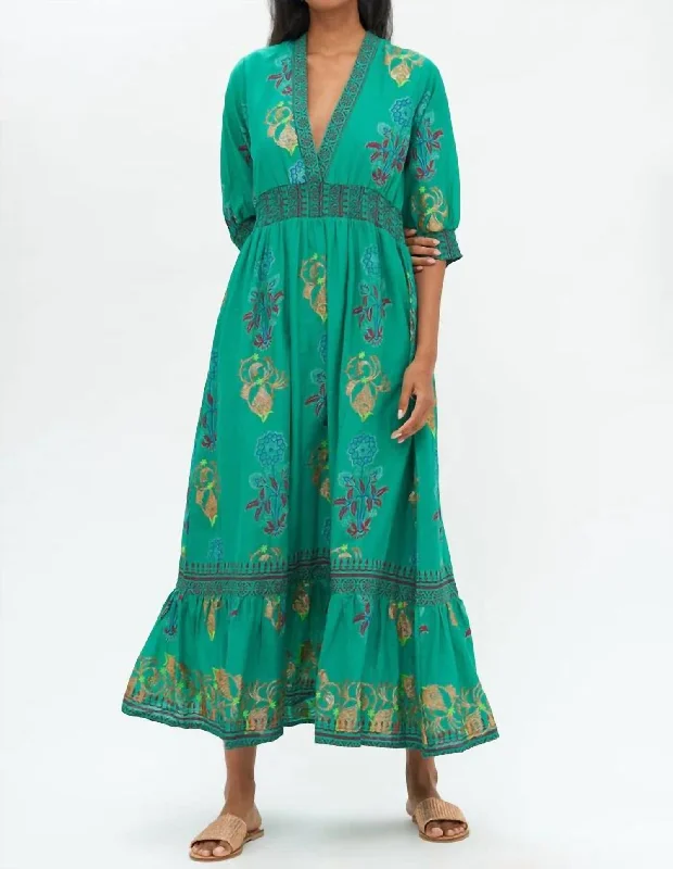 Elegant Women's Attire Playful Elegance V-Neck Smocked Waist Maxi Dress In Goldenrod Green