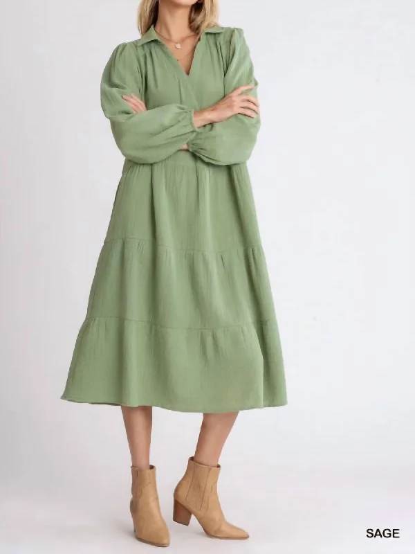 Chic Women's Garments Classic Charm Gauze Long Sleeve Tiered Maxi Dress In Sage