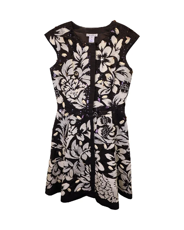 Women's Vintage Garments Minimalist Office - Ready Style Oscar de la Renta Floral Embellished Sleeveless Dress in Brown Silk