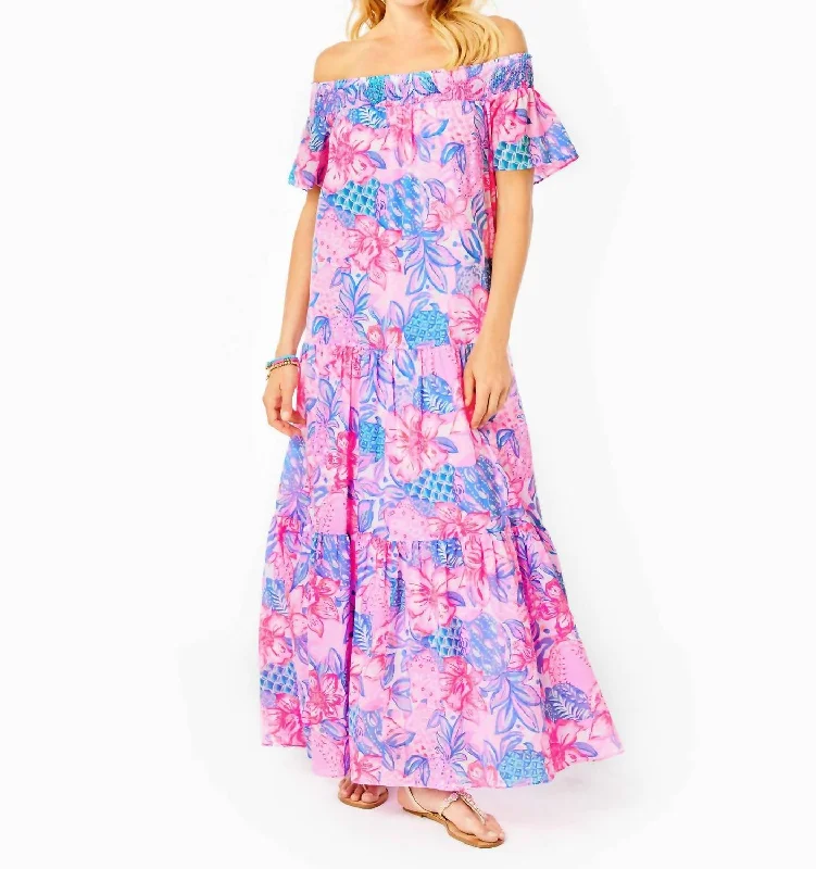 Stylish And Comfortable Clothing For Women Flash Deals Dezi Off The Shoulder Maxi Dress in Pink Isle Snappy Turtle