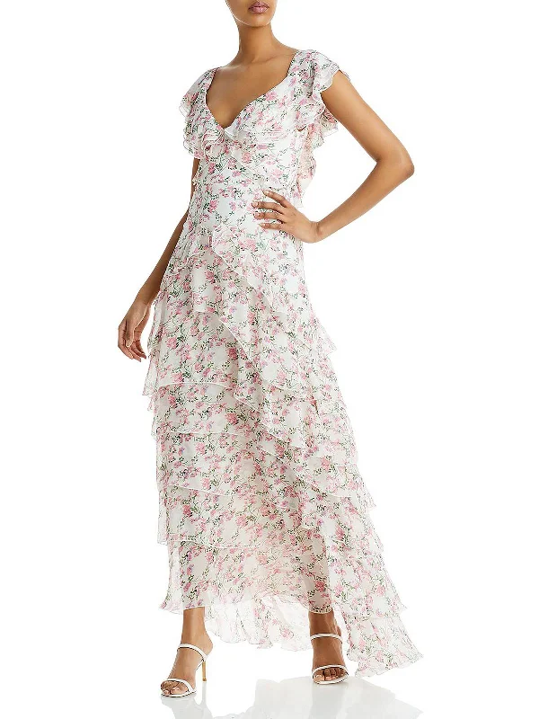 Women's Timeless Attire Disco - Inspired Retro Dance Look Rosie Womens Ruffled V-Neck Maxi Dress