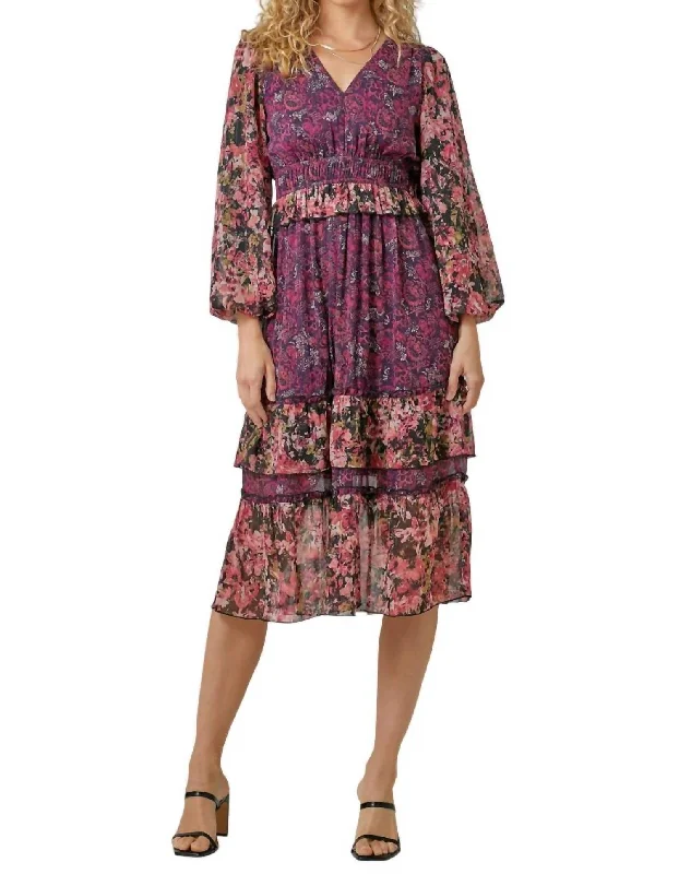 Stylish Women's Garments Big Savings on Rustic Countryside Styles Mix Floral Midi Dress In Burgundy Print