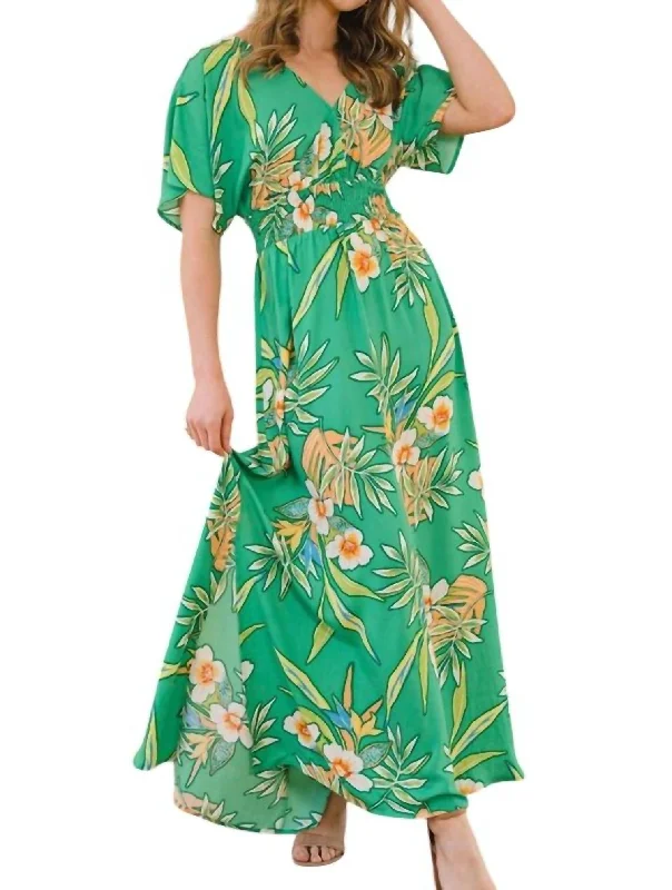 Women's Layered Outfit Early Access to Art Deco Styles Sale Floral Printed Wrap Maxi Dress In Green Multi