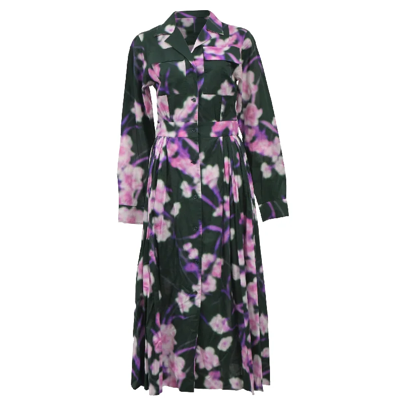 Women's Loungewear Clothes Feminine Grace Dries Van Noten Blurry Floral Print Midi Shirt Dress in Multicolor Cotton