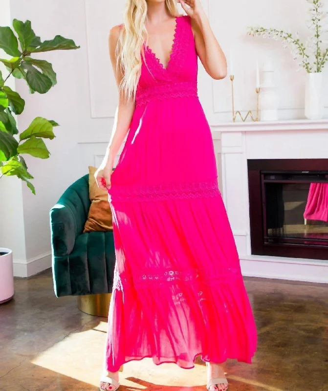 Women's Vacation Attire Mid - Season Sale Crochet Lace Woven Maxi Dress In Fuschia