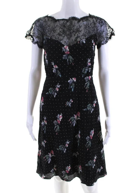 Women's Chic Outfit Mid - Week Surprise Valentino Womens Black Floral Print Lace Trim Short Sleeve Shift Dress