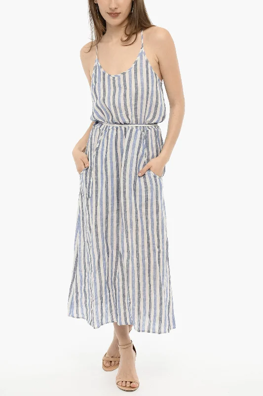 Women's Active Clothing Y2K Nostalgic Fashion Look Woolrich Awning Striped Linen Maxi Dress with Belt