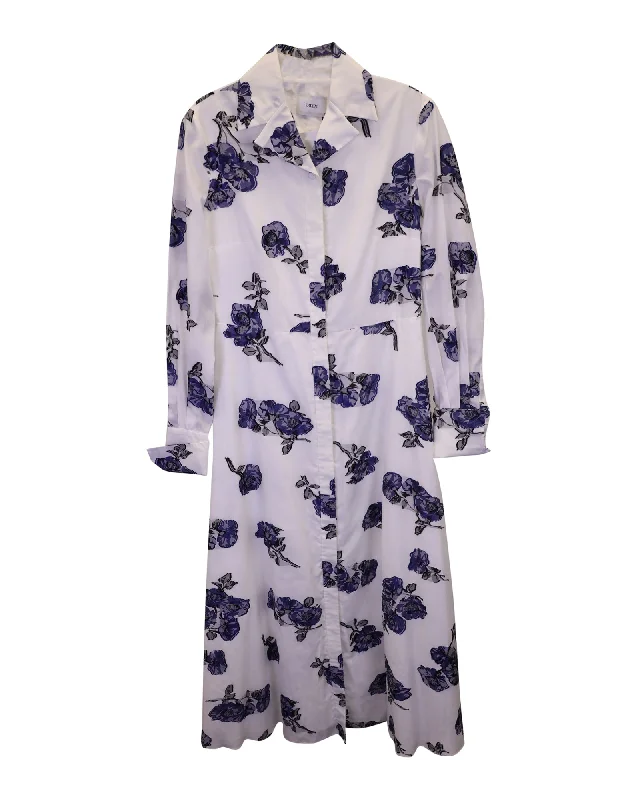 Women's Stylish Casual Garments Feminine Flow Erdem Emily Floral-Print Midi Shirt Dress in White Cotton