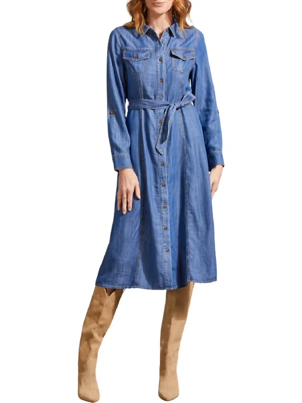 Casual Attire For Women Rustic Countryside Charm Look Button Front Midi Dress In Blue