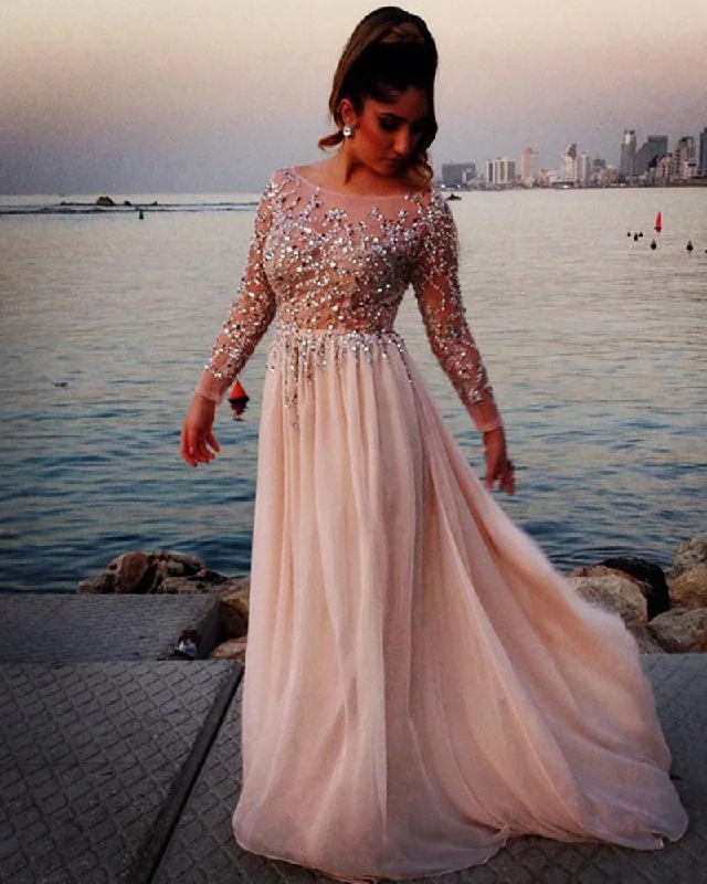 Timeless Women's Clothes Bold Patterns Long Sleeves Women Luxury Beading Evening Dresses Long Prom Gown Vestido De Festa