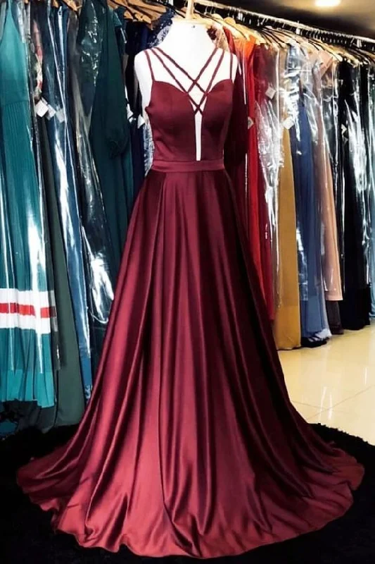 Women's Travel Attire Y2K Nostalgic Fashion Look SIMPLE BURGUNDY SATIN LONG PROM DRESS, BURGUNDY EVENING DRESS cg1915