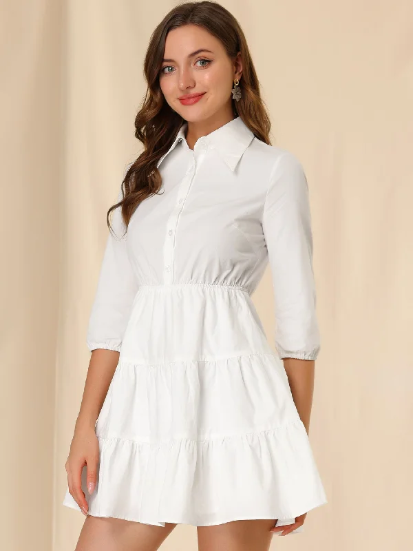 Women's Casual Clothing For Lounging Limited - Time Bundle 3/4 Sleeve Casual Fall Elastic Waist Cute Collared Tiered Mini Shirt Dress