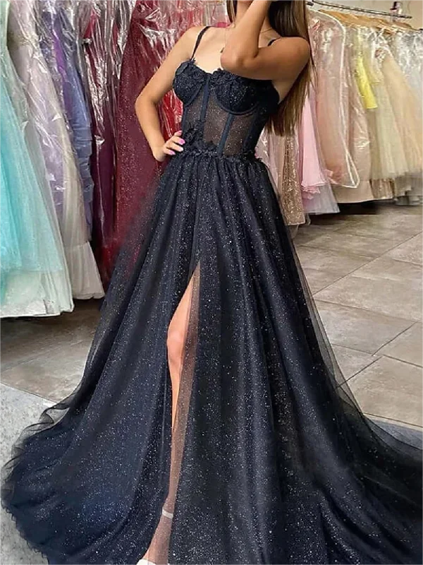 Women's Plus-Size Casual Outfit Flash Sale Women High Side Slit Prom Dresses Long Black Appliques Evening Gowns Tulle Formal Party Dress YPD726