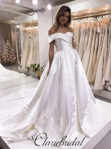 Women's Evening Wear Outfit End - of - Month Blowout Off Shoulder Satin Lace Wedding Dresses, Long Wedding Dresses