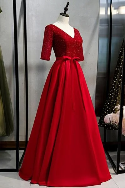 Women's Vintage-Inspired Clothing Big Savings on Rustic Countryside Styles Burgundy Satin Sequins Long V Neck Customize Prom Dress, Formal Dress  cg7458