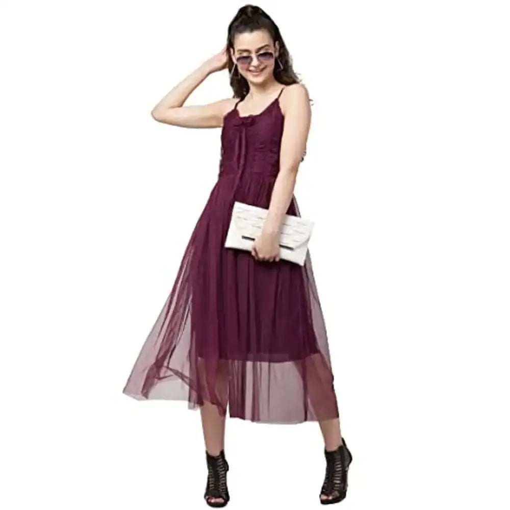 Timeless Women's Outfit Ethnic Cultural Event Wear Teekhi Girl Women's Solid Net Casual Sleeveless A-Line Dress (Wine)