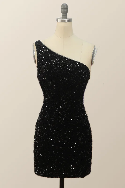 Charming Women's Garments Nordic Minimalist Home Look One Shoulder Black Sequin Bodycon Mini Dress