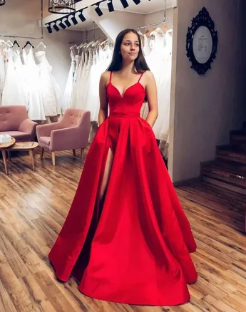 Sustainable Women's Clothing Bold Patterns Simple red satin long prom dress red evening dress cg4602