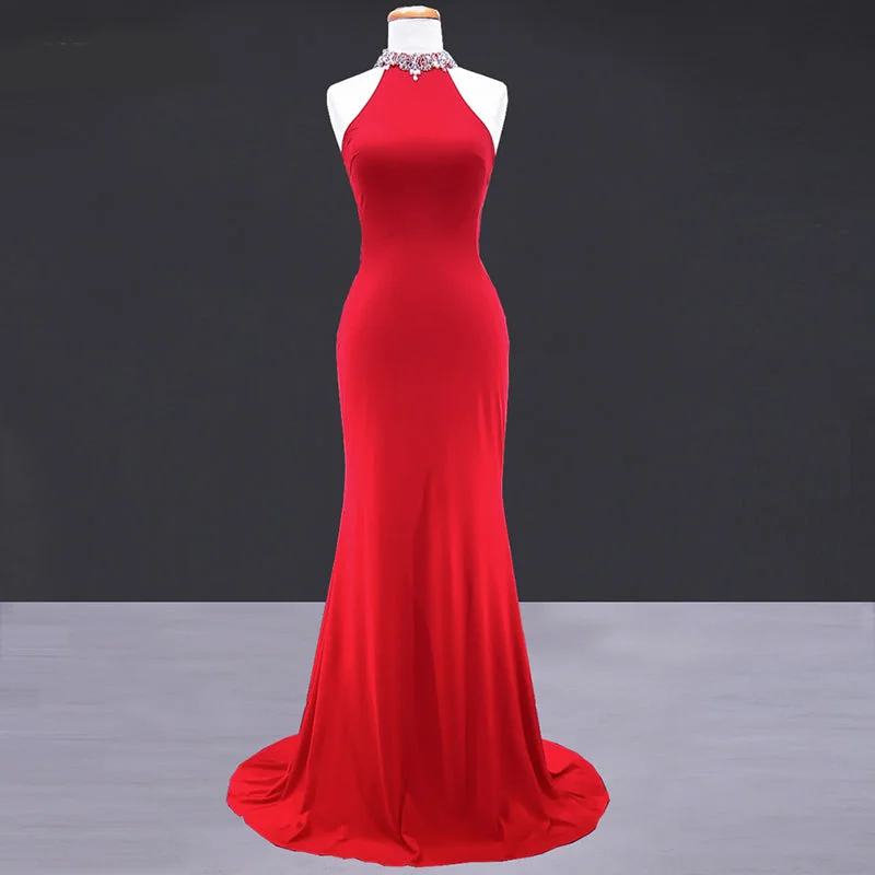 Women's Clothing For Outdoor Activities Mid - Season Sale New High Neck Halter Fitted mermaid Formal Gown Red Prom 2018 Dresses Long Women Wear For Evening Party