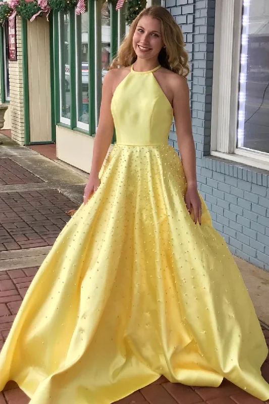 Women's Casual Outfit Limited - Stock Yellow satin beads long prom dress yellow formal dress    cg14717