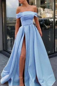 Women's Everyday Apparel Parisian Effortless Chic Style A Line Off the Shoulder Satin High Slit Prom Dresses, Long Formal Dresses   cg6002