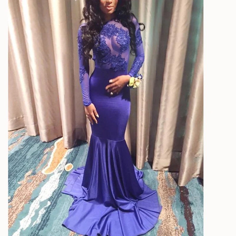 Vintage-Inspired Women's Clothes Vintage Elegance Royal Blue Mermaid Lace Long Sleeves Evening Dresses for Women,Formal Prom Gown