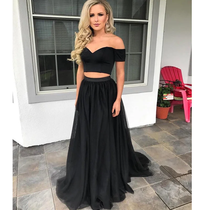 High-Fashion Women's Clothing Final Clearance Black Crop Top Prom Dress Two Pieces Formal Evening Party Gown A Line Graduation Dress